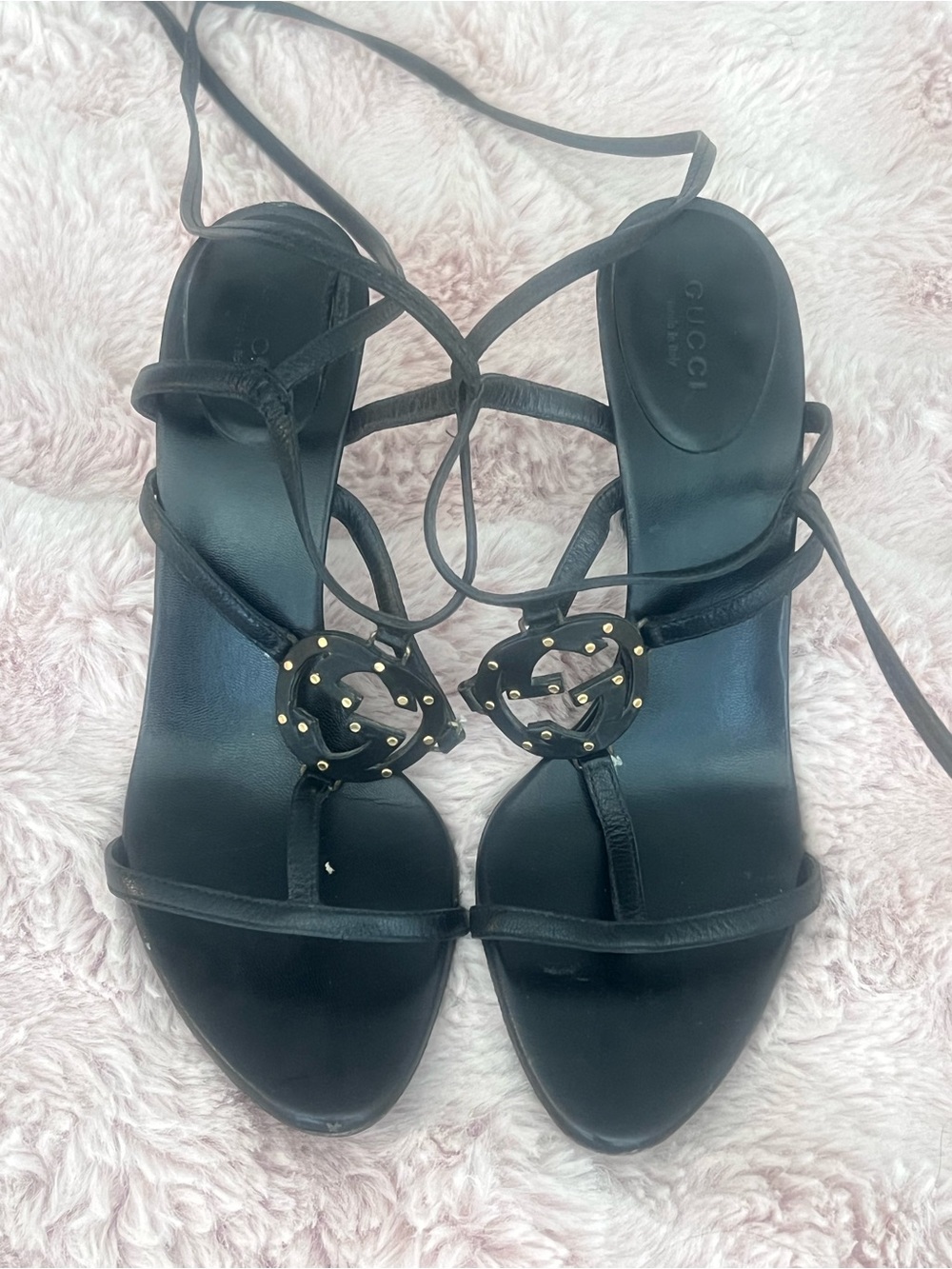 Vintage Gucci Black Leather Lace-Up Sandals with Double G Accent size 38.5